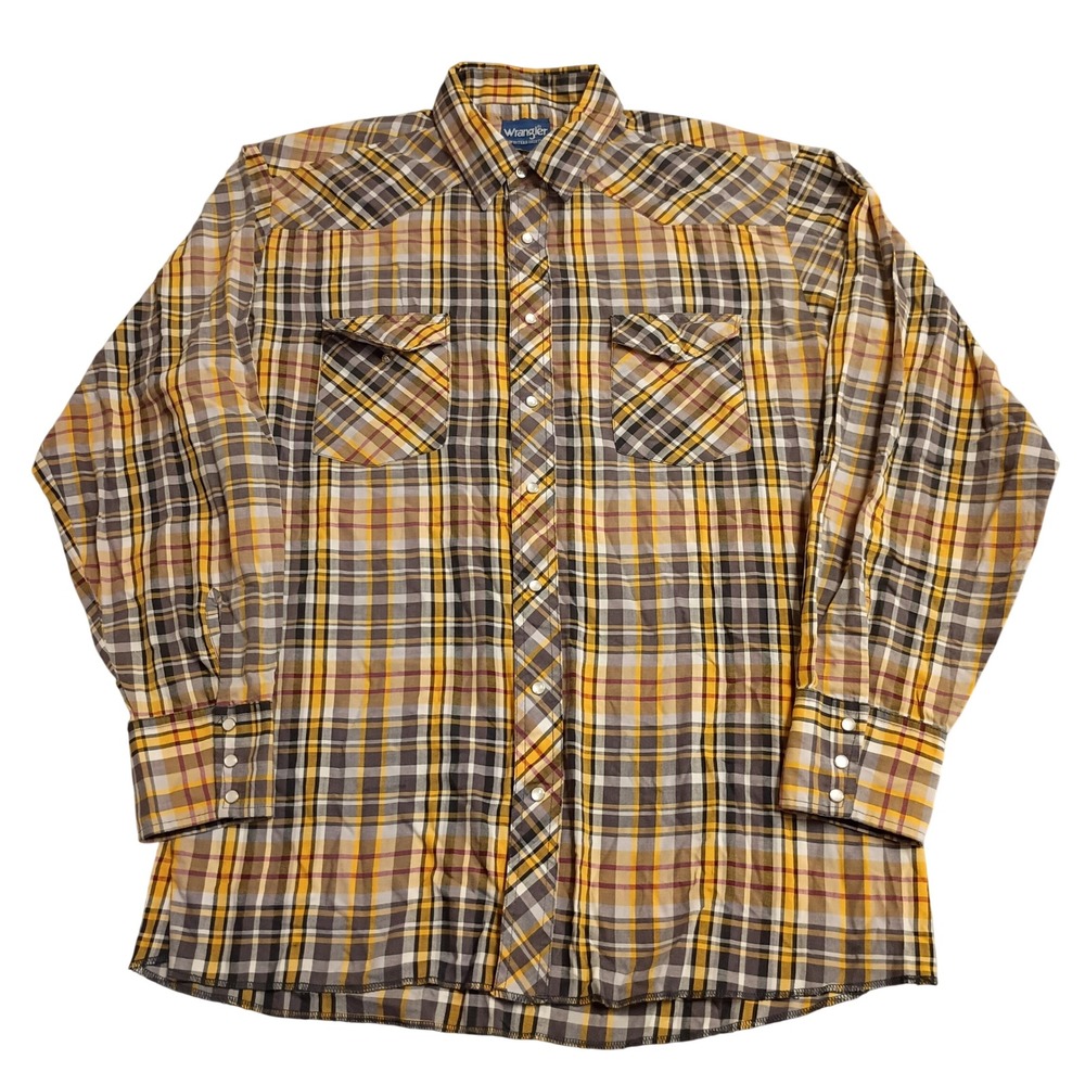Wrangler Western Shirt Mens XL Yellow Plaid Pearl Snap Long Sleeve Cowboy